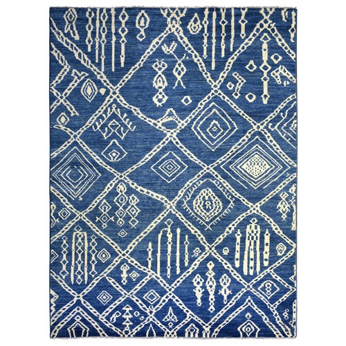Navy Blue Hand Knotted Moroccan Berber with Criss Cross Pattern, Soft and Shiny Wool, Natural Dyes Oriental Rug