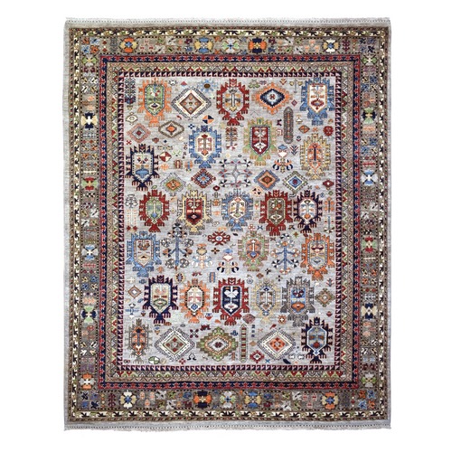 Gray, Hand Knotted Afghan Ersari with Large Elements, Vegetable Dyes Dense Weave Pure Wool, Oriental Rug