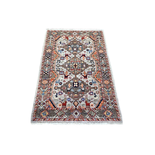 Gray, Dense Weave Pure Wool Hand Knotted, Afghan Ersari with Small Figurines Vegetable Dyes, Oriental Rug