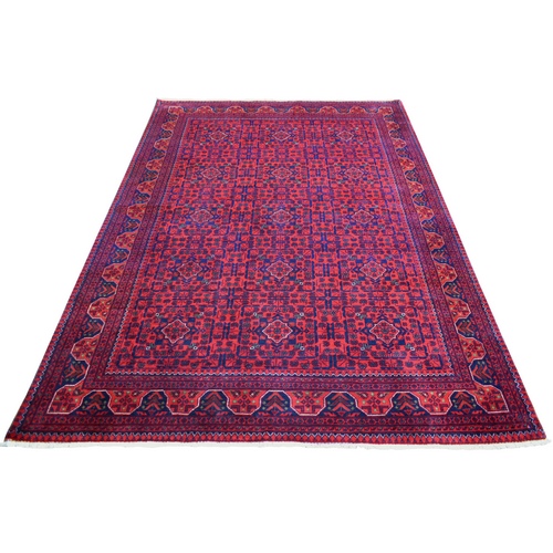 Deep and Saturated Red, Shiny Wool Hand Knotted, Afghan Khamyab with Geometric Design, Oriental Rug