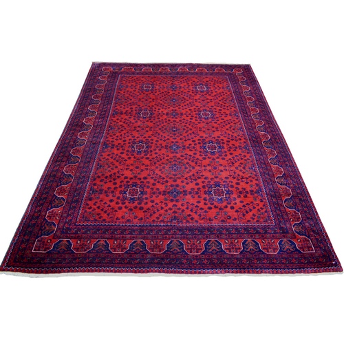Deep and Saturated Red, Afghan Khamyab with Geometric Design, Soft and Velvety Wool Hand Knotted, Oriental Rug