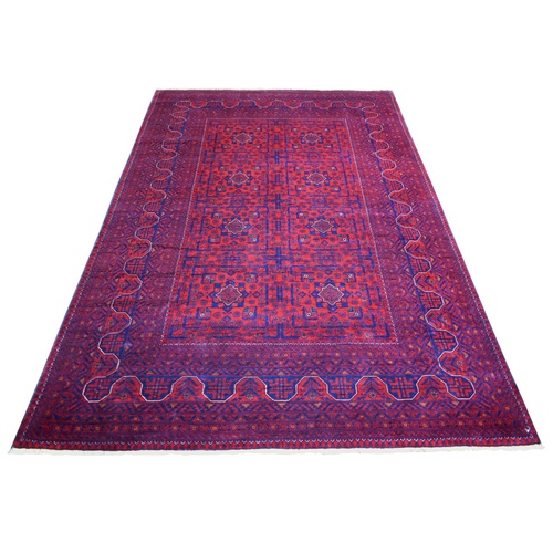 Deep and Saturated Red, Afghan Khamyab with Geometric Design, Soft and Shiny Wool Hand Knotted, Oriental Rug
