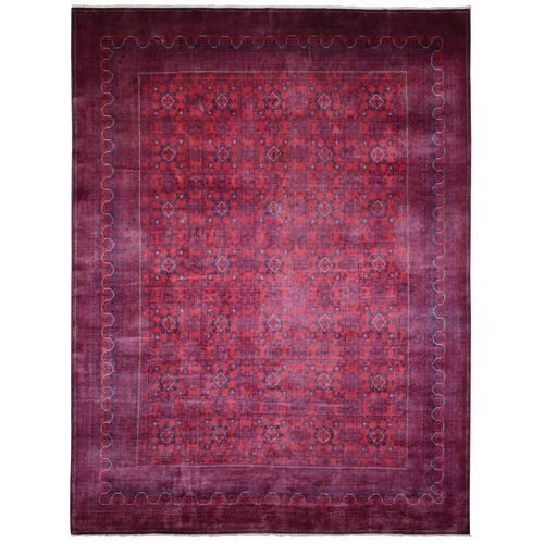 Deep and Saturated Red, Afghan Khamyab with Geometric Design, Pure Wool Hand Knotted, Oriental Rug