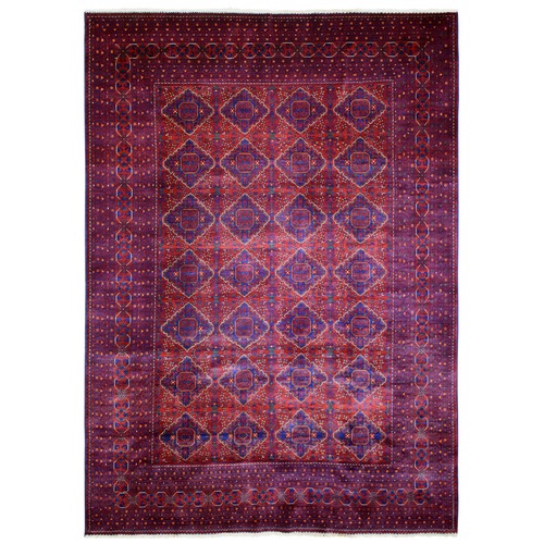 Deep and Saturated Red with Mix of Navy Blue, Soft and Shiny Wool Hand Knotted, Afghan Khamyab with Tribal Medallions Design, Oriental Rug