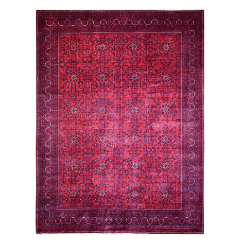 Deep and Saturated Red, Hand Knotted Afghan Khamyab with Geometric Design, Pure Wool, Oriental Rug