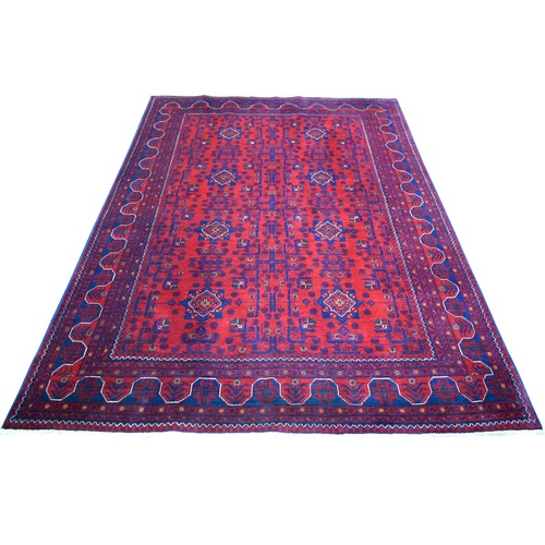 Deep and Saturated Red with Touches of Blue, Afghan Khamyab with Geometric Design, Shiny Wool Hand Knotted, Oriental Rug