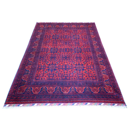 Deep and Saturated Red with Mix of Blue, Afghan Khamyab with Geometric Design, Pure Wool Hand Knotted, Oriental Rug