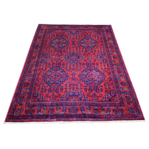 Deep and Saturated Red with Touches of Blue, Afghan Khamyab with Large Tribal Medallions, Soft Wool Hand Knotted, Oriental Rug