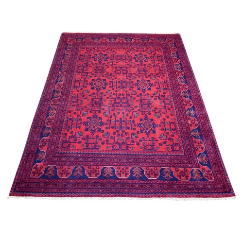 Deep and Saturated Red with Touches of Blue, Hand Knotted Afghan Khamyab with Geometric Design, Shiny Wool, Oriental Rug