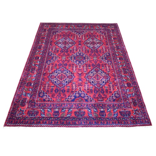 Deep and Saturated Red with Mix of Navy Blue, Afghan Khamyab with Geometric Medallion Design, Soft and Velvety Wool Hand Knotted, Oriental Rug