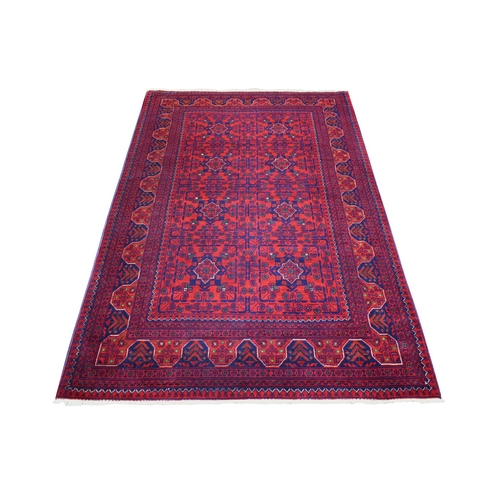 Deep and Saturated Red with Mix of Navy Blue, Velvety Wool Hand Knotted, Afghan Khamyab with Geometric Design, Oriental Rug