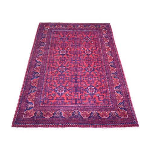 Deep and Saturated Red with Touches of Navy Blue, Hand Knotted Afghan Khamyab with Geometric Design, Soft and Velvety Wool, Oriental Rug