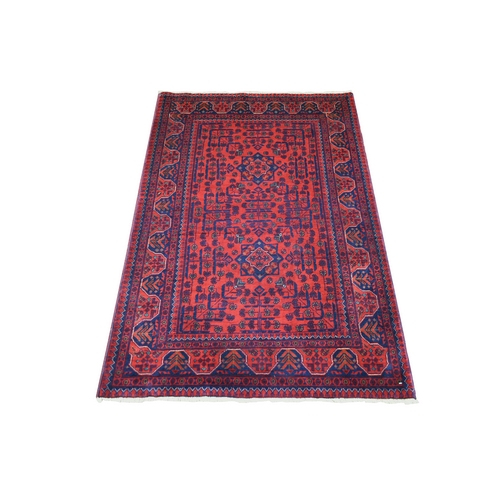 Deep and Saturated Red with Mix of Blue, Afghan Khamyab with Geometric Design, Soft Wool Hand Knotted, Oriental Rug