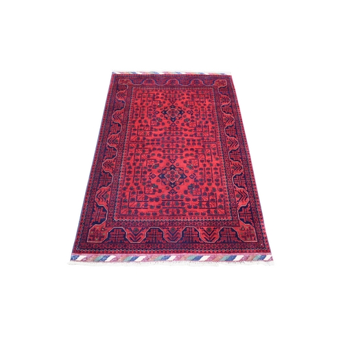 Deep and Saturated Red with Touches of Blue, Shiny Wool Hand Knotted, Afghan Khamyab with Geometric Design, Oriental Rug