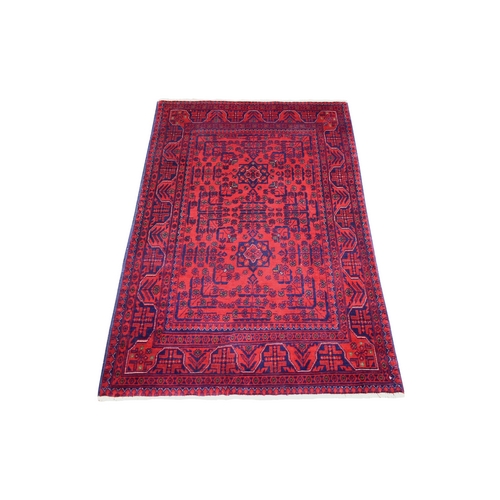 Deep and Saturated Red with Touches of Blue, Velvety Wool Hand Knotted, Afghan Khamyab with Geometric Design, Oriental Rug