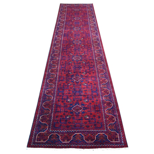 Deep and Saturated Red with Touches of Blue, Afghan Khamyab with Geometric Design, Soft and Velvety Wool Hand Knotted, Runner Oriental Rug