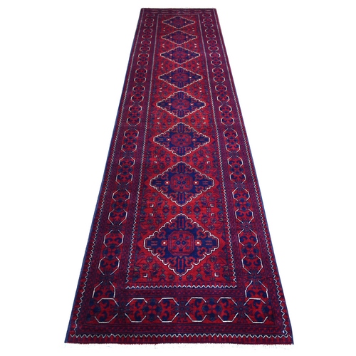 Deep and Saturated Red, Afghan Khamyab with Large Tribal Medallions Design, Soft and Shiny Wool Hand Knotted, Runner Oriental Rug