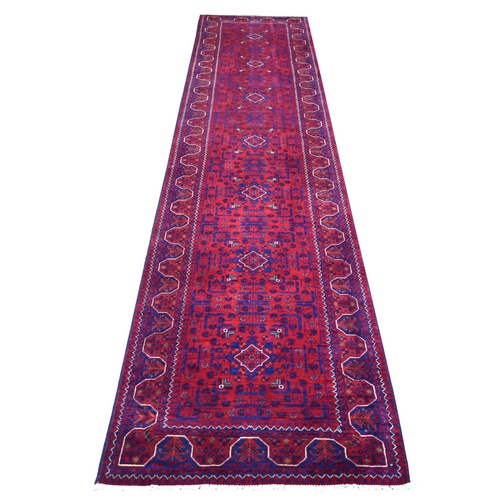 Deep and Saturated Red with Touches of Navy Blue, Hand Knotted Afghan Khamyab with Geometric Design, Shiny Wool, Runner Oriental Rug