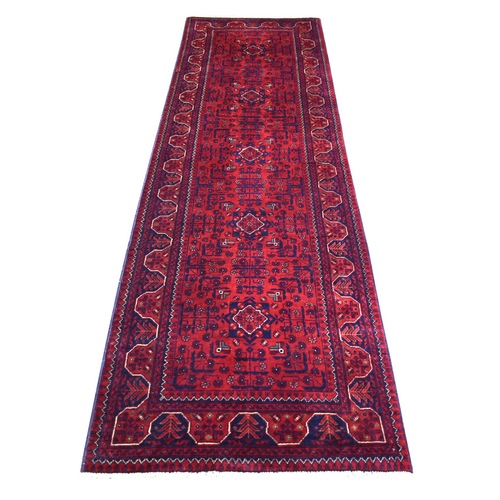Deep and Saturated Red with Touches of Navy Blue, Soft and Velvety Wool Hand Knotted, Afghan Khamyab with Geometric Design, Runner Oriental Rug