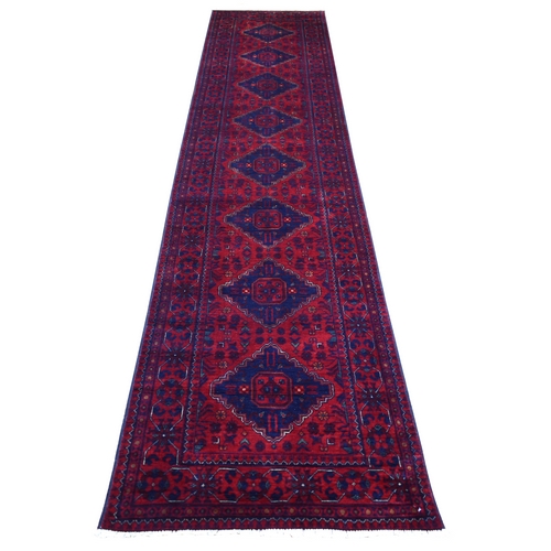 Deep and Saturated Red with Touches of Navy Blue, Hand Knotted Afghan Khamyab with Tribal Medallions Design, Velvety Wool, Runner Oriental 