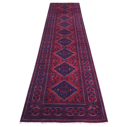 Deep and Saturated Red with Mix of Navy Blue, Pure Wool Hand Knotted, Afghan Khamyab with Large Tribal Medallions Design, Runner Oriental Rug