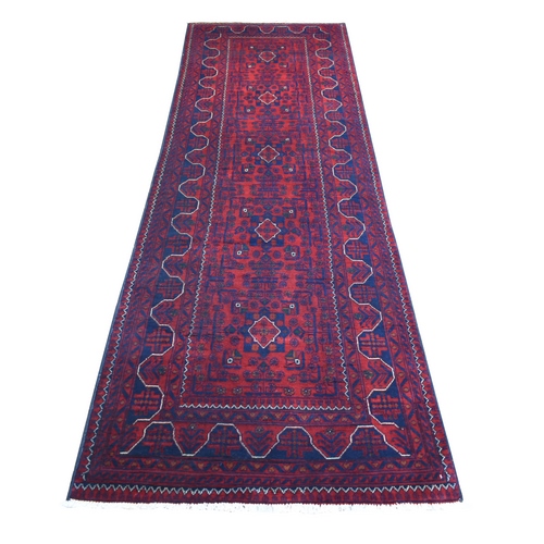 Deep and Saturated Red with Touches of Navy Blue, Afghan Khamyab with Geometric Design, Soft Wool Hand Knotted, Runner Oriental Rug
