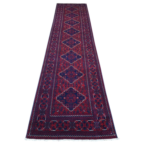 Deep and Saturated Red with Touches of Navy Blue, Afghan Khamyab with Geometric Medallions Design, Soft and Velvety Wool Hand Knotted, Runner Oriental Rug