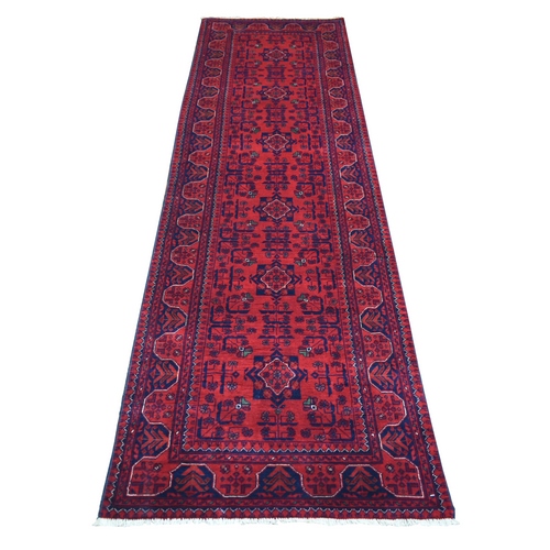 Deep and Saturated Red with Mix of Navy Blue, Soft and Shiny Wool Hand Knotted, Afghan Khamyab with Geometric Design, Runner Oriental Rug
