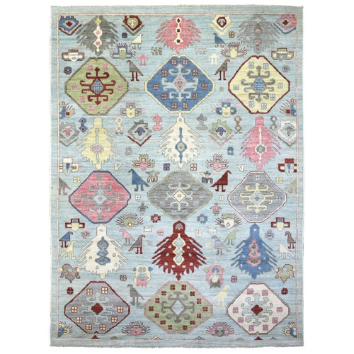 Light Blue, Anatolian Design with Large Elements and Bird Figurines Natural Dyes, Soft and Supple Wool Hand Knotted, Oriental Rug