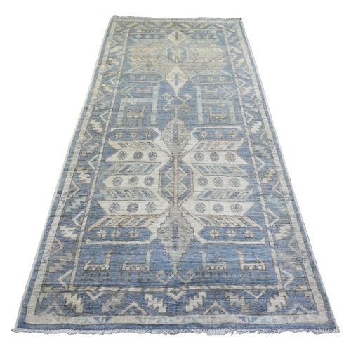 Light Blue, Hand Knotted Anatolian Village Inspired Geometric Medallion Design with Animal Figurines, Natural Dyes Pure Wool, Wide Runner Oriental Rug