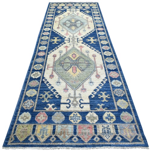 Denim Blue, Anatolian Village Inspired with Large Elements Natural Dyes, Soft and Supple Wool Hand Knotted, Wide Runner Oriental Rug