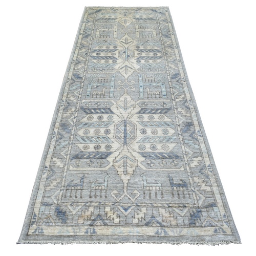 Light Blue, Soft Wool Hand Knotted, Anatolian Village Inspired Geometric Medallion Design with Animal Figurines Natural Dyes, Wide Runner Oriental Rug