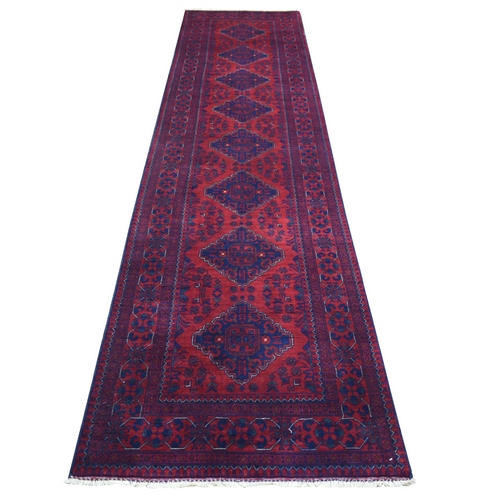 Deep and Saturated Red with Mix of Navy Blue, Hand Knotted Afghan Khamyab with Geometric Medallion Design, Shiny Wool, Runner Oriental Rug