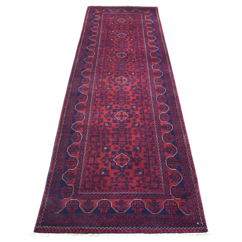 Deep and Saturated Red with Touches of Navy Blue, Afghan Khamyab with Geometric Design, Soft and Velvety Wool Hand Knotted, Runner Oriental Rug