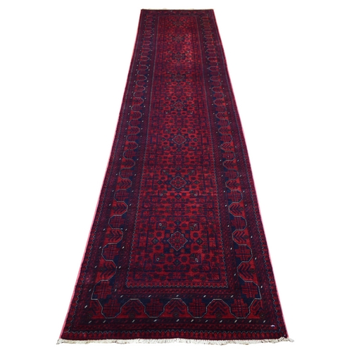 Deep and Saturated Red Afghan Khamyab, Velvety Wool with Tribal Design Hand Knotted Runner Oriental 
