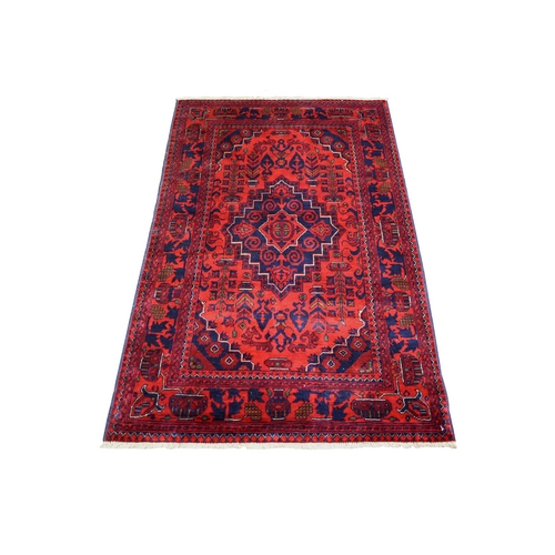 Deep and Saturated Red Tribal Design Velvety Wool, Afghan Khamyab Hand Knotted Oriental 