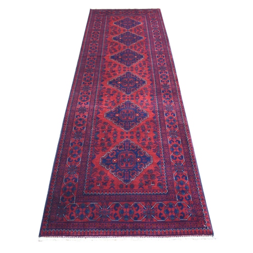 Deep and Saturated Red Tribal Design Velvety Wool, Afghan Khamyab Hand Knotted Runner Oriental Rug