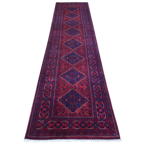 Deep and Saturated Red Natural Dyes Afghan Khamyab, Pure Wool with Geometric Design Hand Knotted Runner Oriental Rug