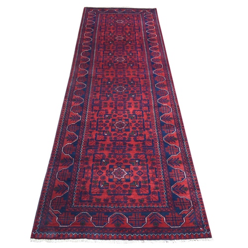 Deep and Saturated Red With Geometric Design Hand Knotted Afghan Khamyab, Velvety Wool Runner Oriental Rug
