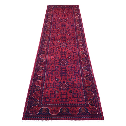 Deep and Saturated Red With Geometric Design Hand Knotted Afghan Khamyab, Velvety Wool Runner Oriental Rug