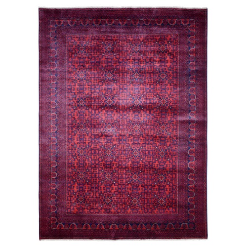 Deep and Saturated Red Soft and Shiny Wool, Hand Knotted with Geometric Design Afghan Khamyab Oriental Rug