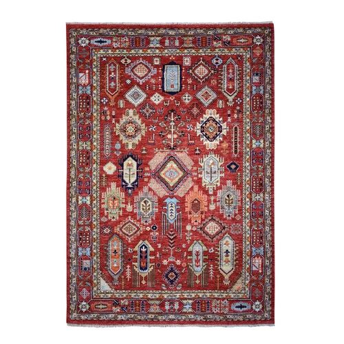 Rich Red, Soft Wool Hand Knotted, Afghan Ersari with Large Elements Design, Natural Dyes Oriental Rug