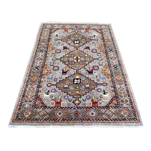 Gray, Pure Wool Hand Knotted, Afghan Ersari with Animal Figurines, Vegetable Dyes Dense Weave, Oriental Rug