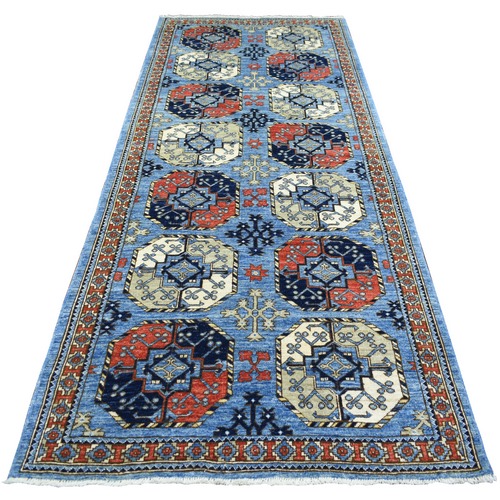 Blue, Dense Weave Soft Wool Hand Knotted, Afghan Ersari with Elephant Feet Design Natural Dyes, Wide Runner Oriental Rug