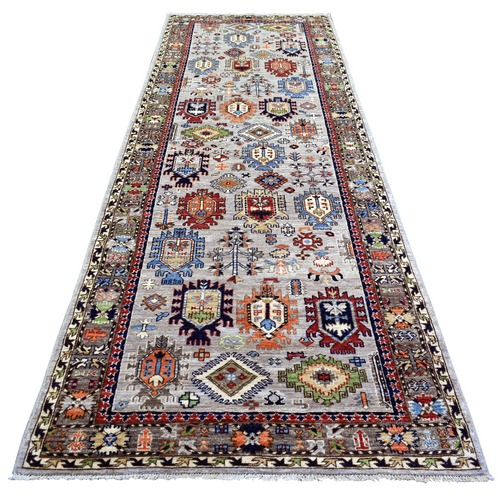 Gray, Afghan Ersari with Large Elements Design, Vegetable Dyes Dense Weave, Pure Wool Hand Knotted, Wide Runner Oriental Rug