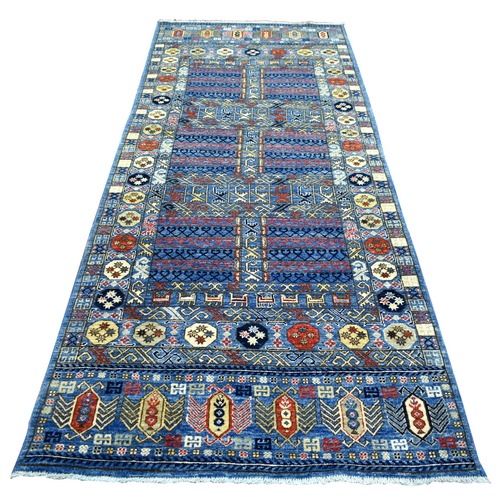 Denim Blue, Hand Knotted Afghan Ersari with Prayer Design, Natural Dyes Dense Weave Soft Wool, Wide Runner Oriental Rug
