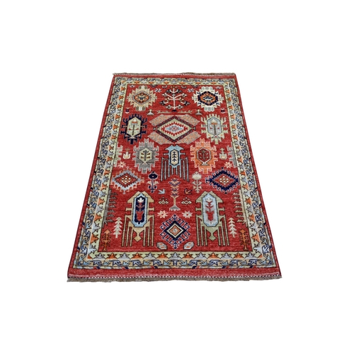 Rich Red, Afghan Ersari with Large Elements, Natural Dyes Dense Weave, Soft Wool Hand Knotted, Oriental Rug