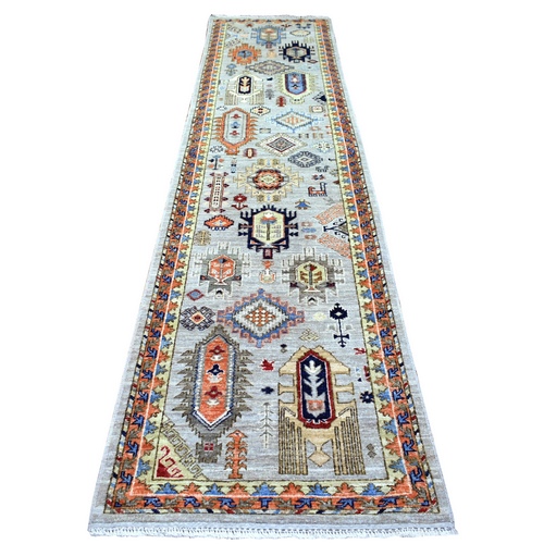 Gray, Pure Wool Hand Knotted, Afghan Ersari with Large Elements, Vegetable Dyes Dense Weave, Runner Oriental Rug