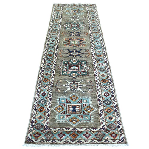 Taupe and Aquamarine Afghan Super Kazak, Natural Dyes Densely Woven, Soft Wool Hand Knotted, Runner Oriental 