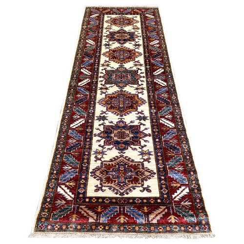 Ivory Soft Wool Hand Knotted, Afghan Super Kazak, Natural Dyes Densely Woven, Runner Oriental Rug